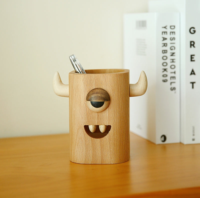 Fun One-Eyed Animal Wooden Pen Holder For Desktop Storage,Personalized Gift