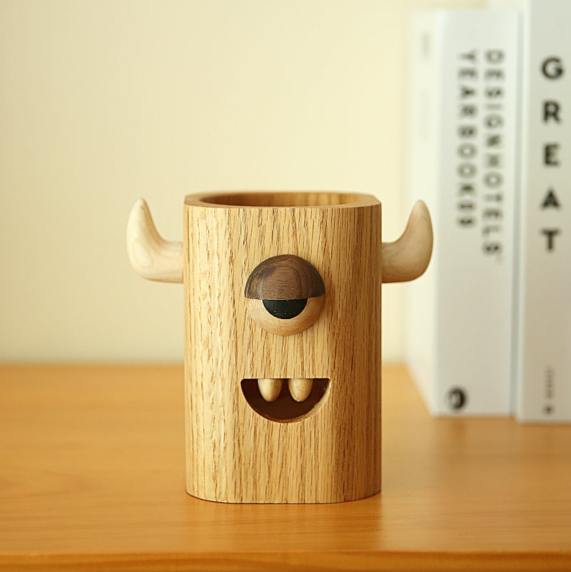 Fun One-Eyed Animal Wooden Pen Holder For Desktop Storage,Personalized Gift