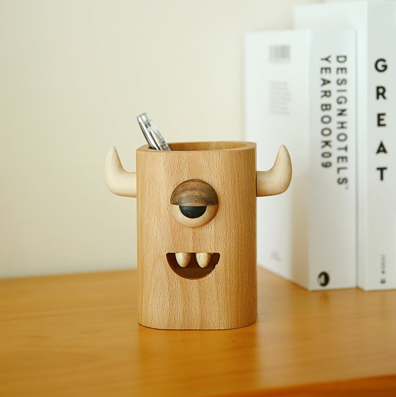 Fun One-Eyed Animal Wooden Pen Holder For Desktop Storage,Personalized Gift