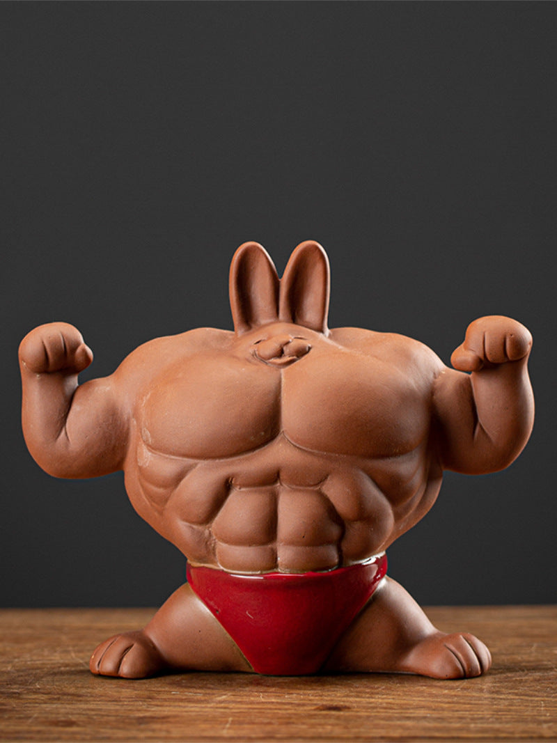 Funny ceramic muscular rabbit desktop ornaments, home decoration