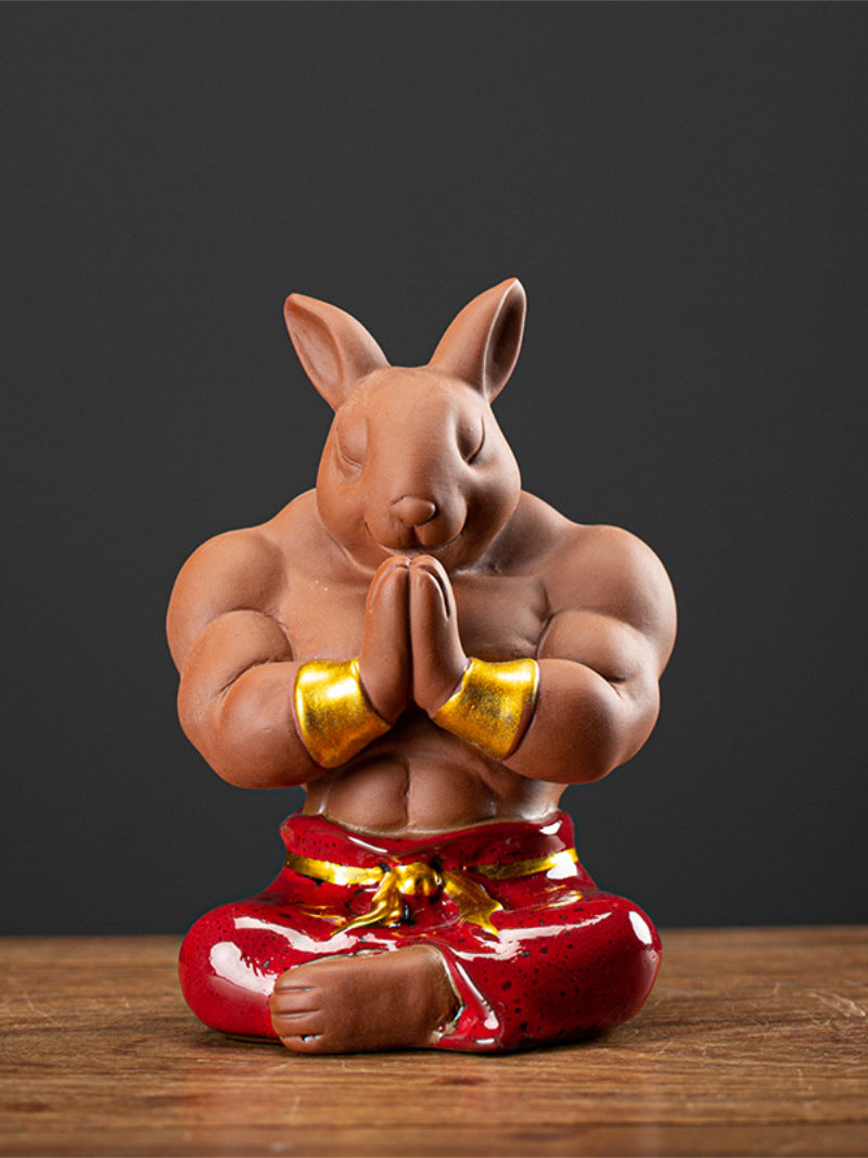 Funny ceramic muscular rabbit desktop ornaments, home decoration