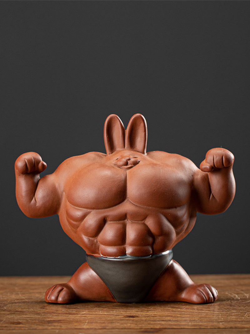 Funny ceramic muscular rabbit desktop ornaments, home decoration