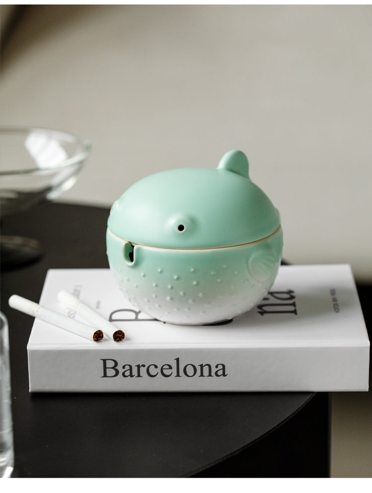 Green Small Pufferfish Ceramic Ashtray, Office Desktop Decoration