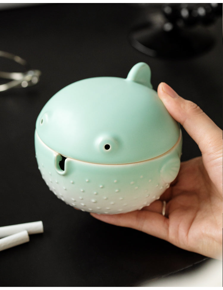 Green Small Pufferfish Ceramic Ashtray, Office Desktop Decoration