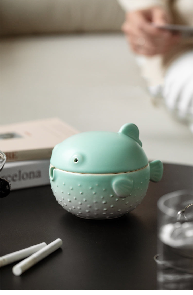 Green Small Pufferfish Ceramic Ashtray, Office Desktop Decoration