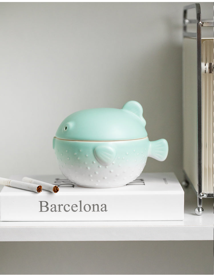 Green Small Pufferfish Ceramic Ashtray, Office Desktop Decoration