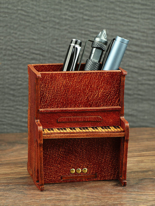 Handcrafted Genuine Leather Piano Pen Holder: Elegant Desk Organizer