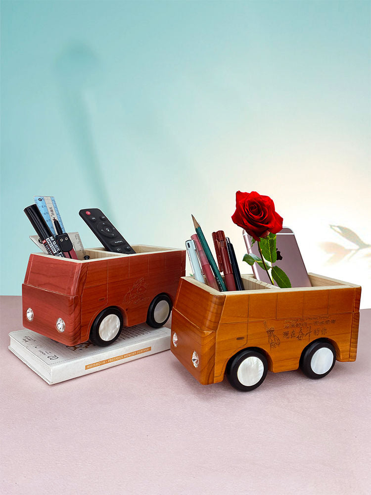 Simple wooden mini bus desktop storage box, pen holder