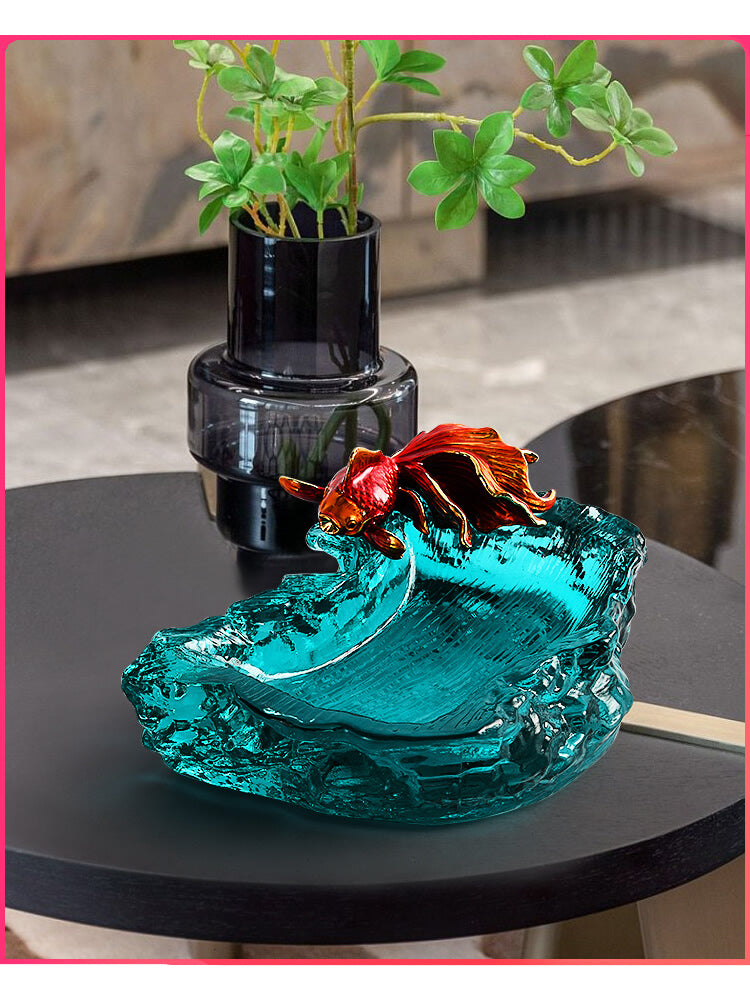 Luxurious Enamel Crystal Glass Goldfish Ashtray , High-End Art Design