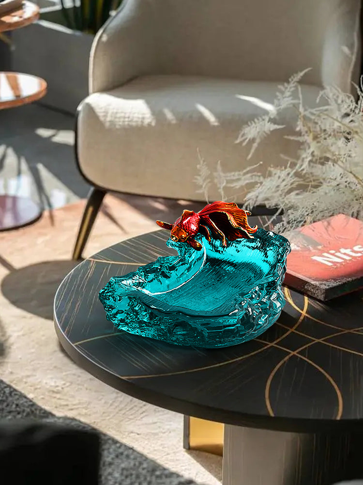 Luxurious Enamel Crystal Glass Goldfish Ashtray , High-End Art Design