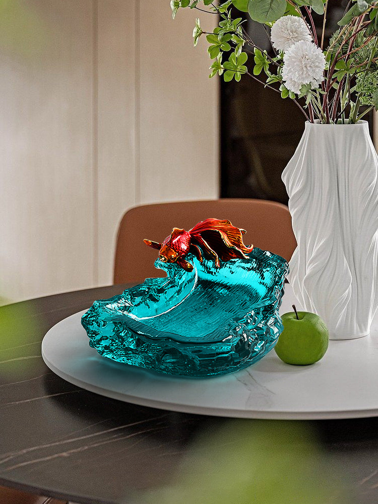 Luxurious Enamel Crystal Glass Goldfish Ashtray , High-End Art Design