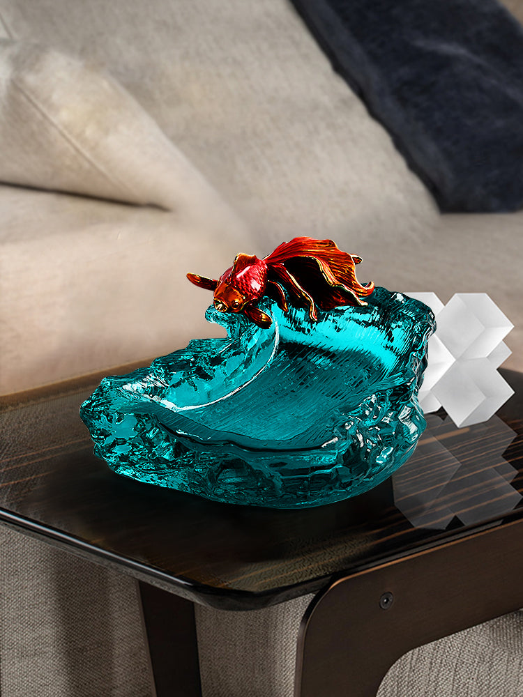 Luxurious Enamel Crystal Glass Goldfish Ashtray , High-End Art Design