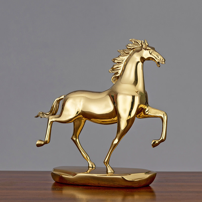 Luxurious Golden Galloping Horse Brass Sculpture - Elegant Decor Accent