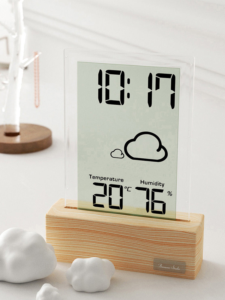 Minimalist Wooden Desk Clock with Humidity Sensor and Weather Icons