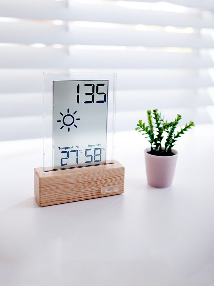 Minimalist Wooden Desk Clock with Humidity Sensor and Weather Icons