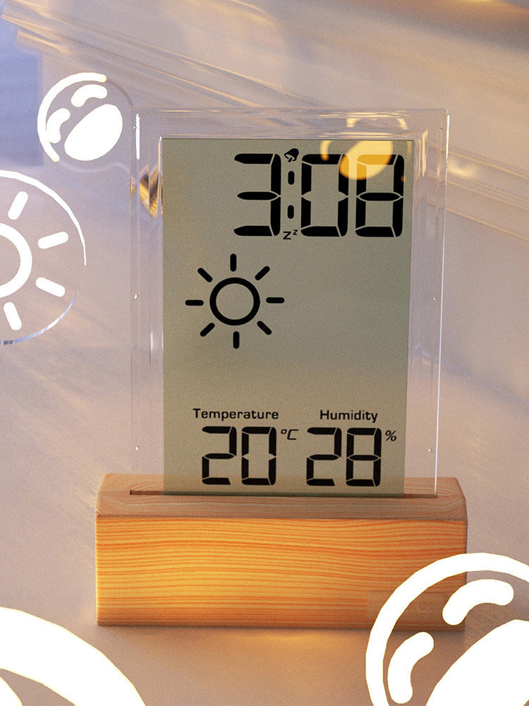 Minimalist Wooden Desk Clock with Humidity Sensor and Weather Icons