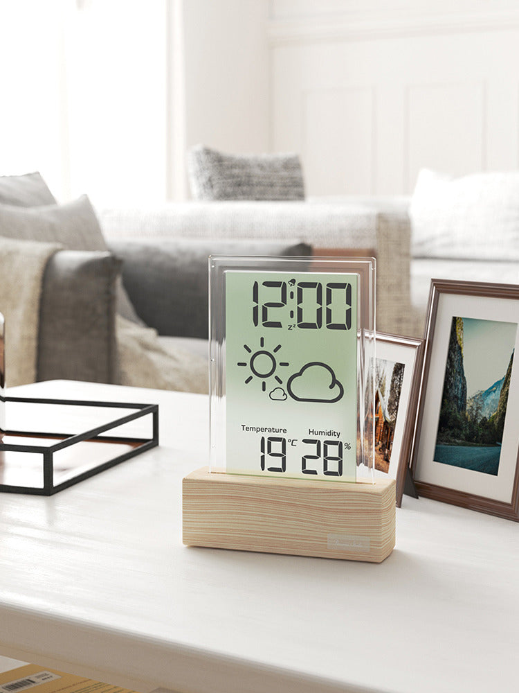 Minimalist Wooden Desk Clock with Humidity Sensor and Weather Icons