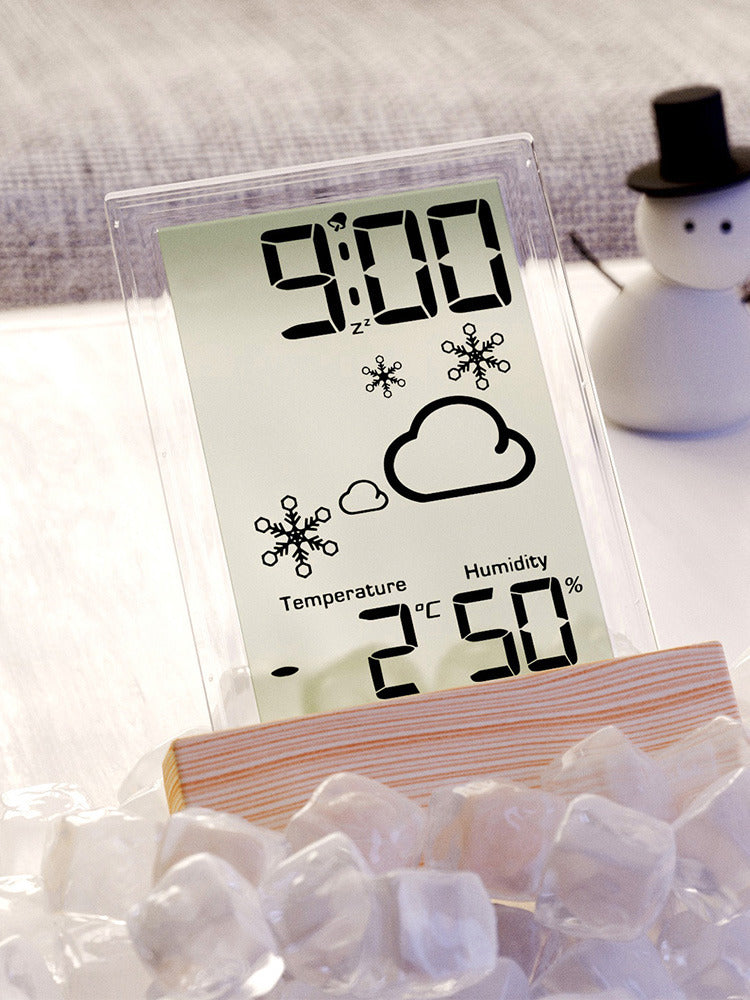 Minimalist Wooden Desk Clock with Humidity Sensor and Weather Icons