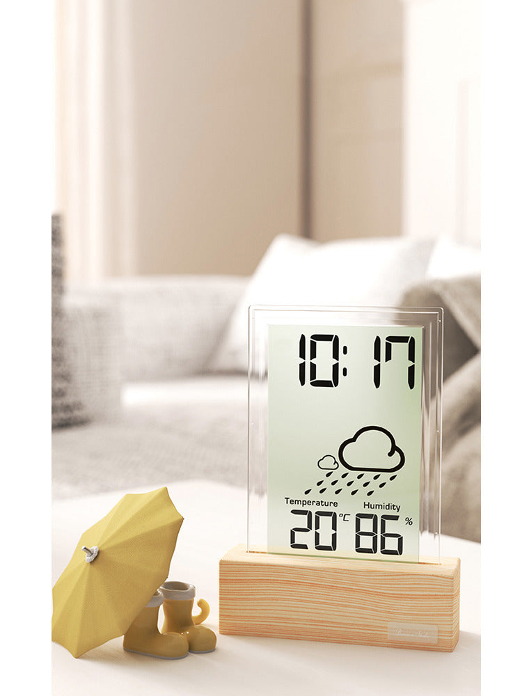 Minimalist Wooden Desk Clock with Humidity Sensor and Weather Icons