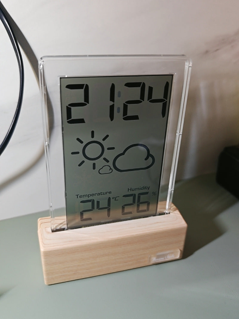 Minimalist Wooden Desk Clock with Humidity Sensor and Weather Icons