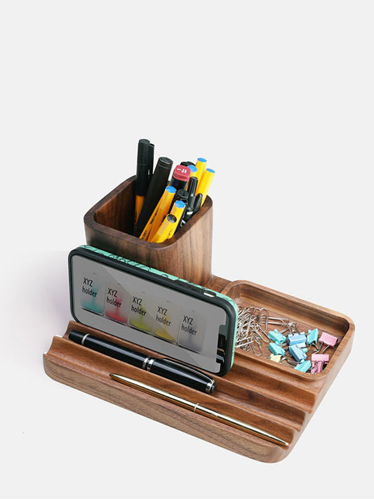 Multifunctional Office Desk Storage Wooden Pen Holder, Stationery Organizing