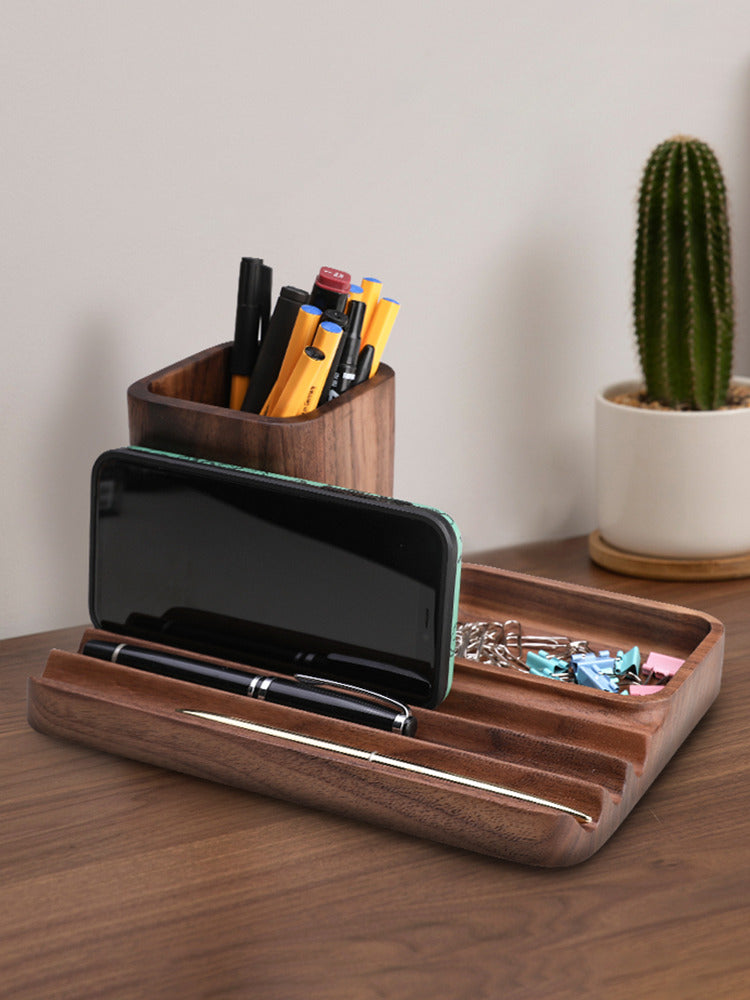 Multifunctional Office Desk Storage Wooden Pen Holder, Stationery Organizing