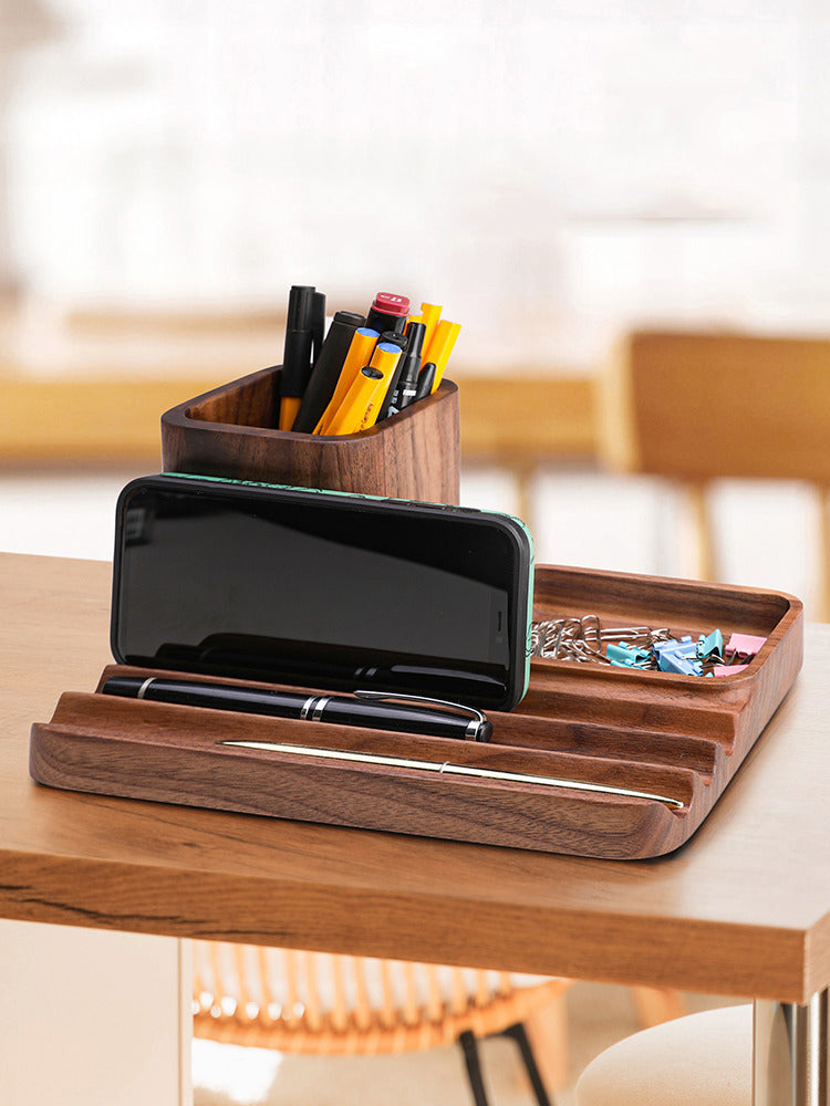 Multifunctional Office Desk Storage Wooden Pen Holder, Stationery Organizing