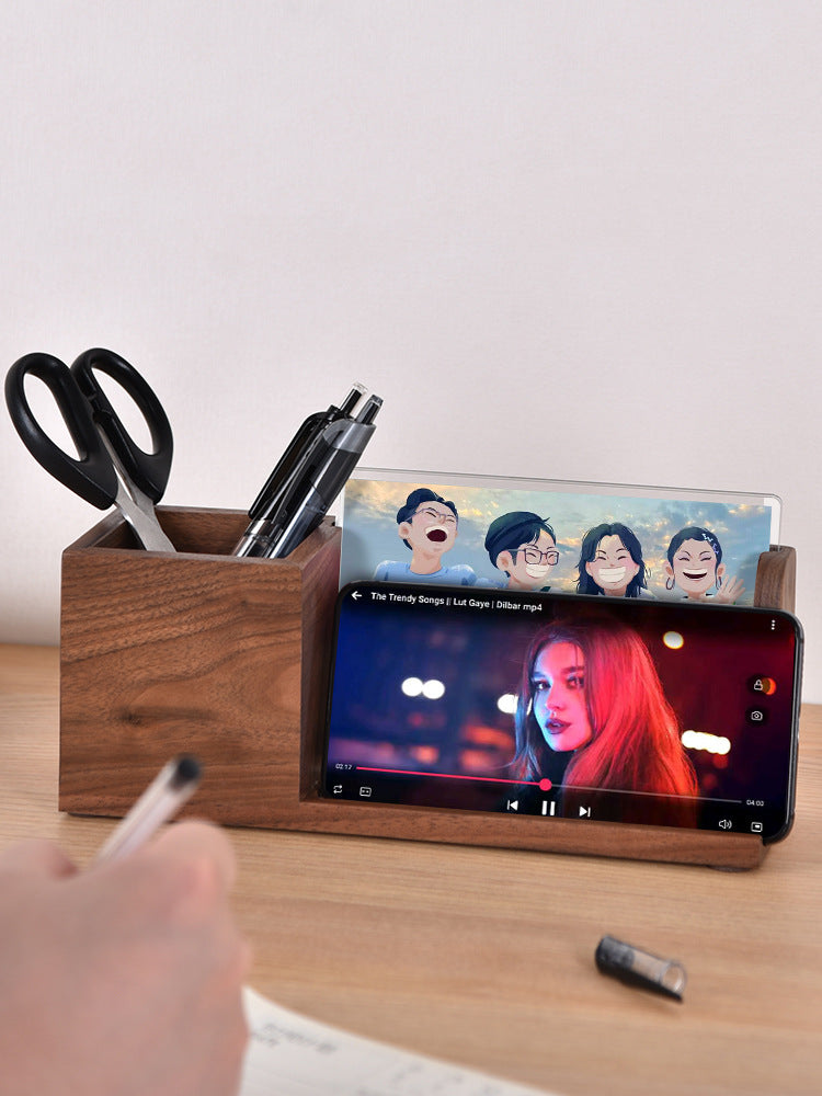 Multifunctional Wooden Pen Holder - Organizer, Photo Frame, and Phone Stand