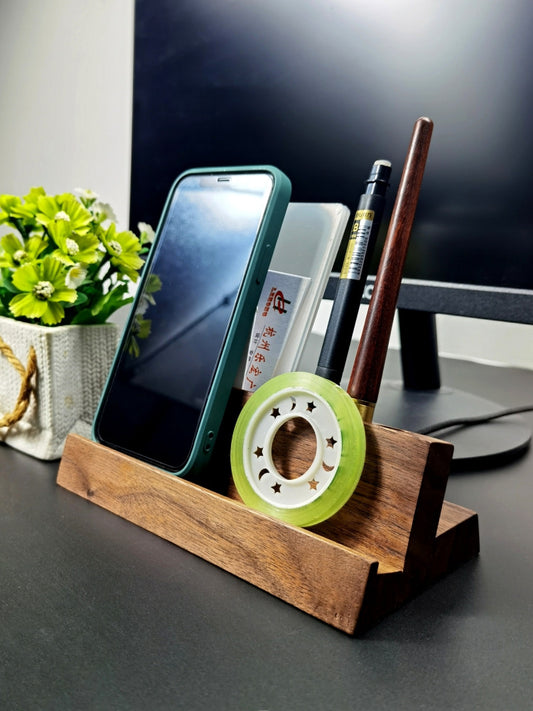 Office desk organizer wooden pen holder, cell phone holder, business card holder