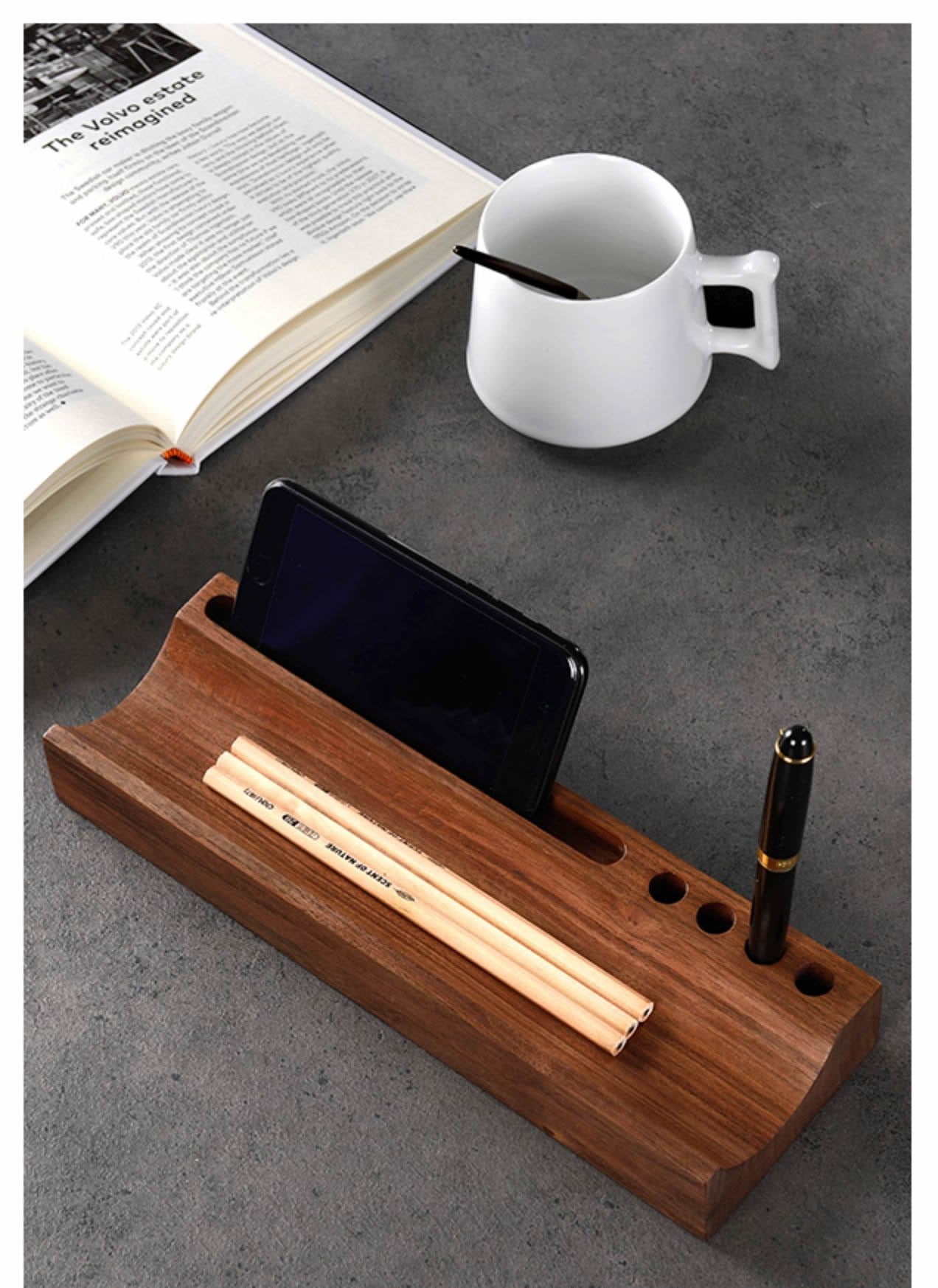 Office Wooden Pen Holder, Phone Holder, Storage Tray