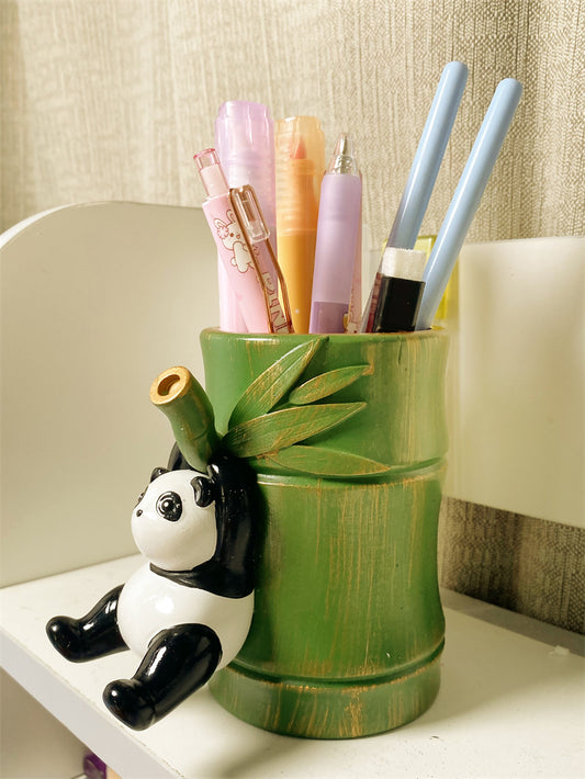 Panda Hanging on Bamboo Pen Holder - Fun and Functional Desk Organizer