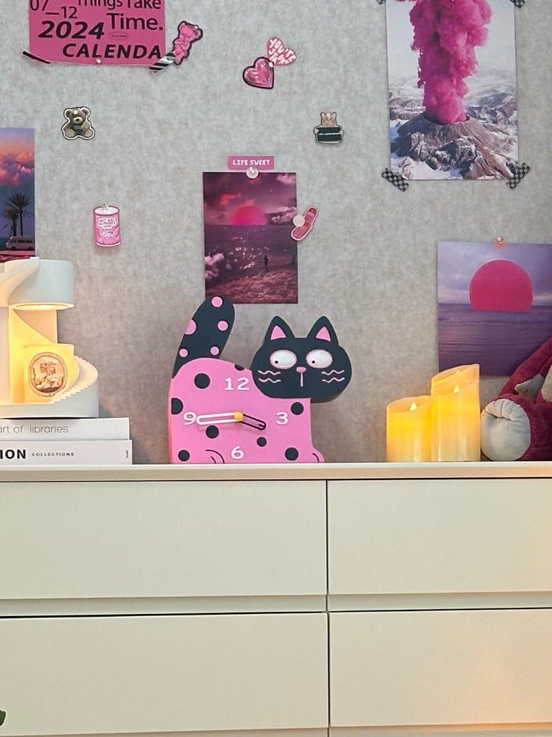 Pink Big Face Cat Table Clock, Creative Gift, Bedroom Decoration