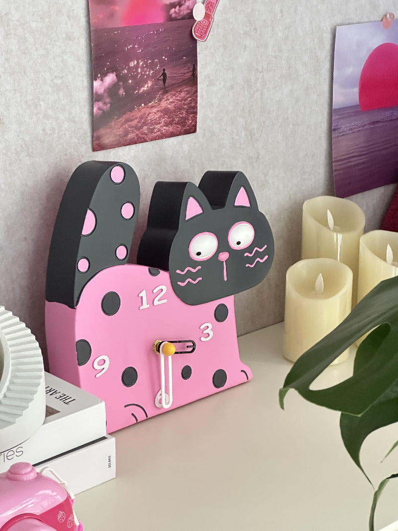 Pink Big Face Cat Table Clock, Creative Gift, Bedroom Decoration