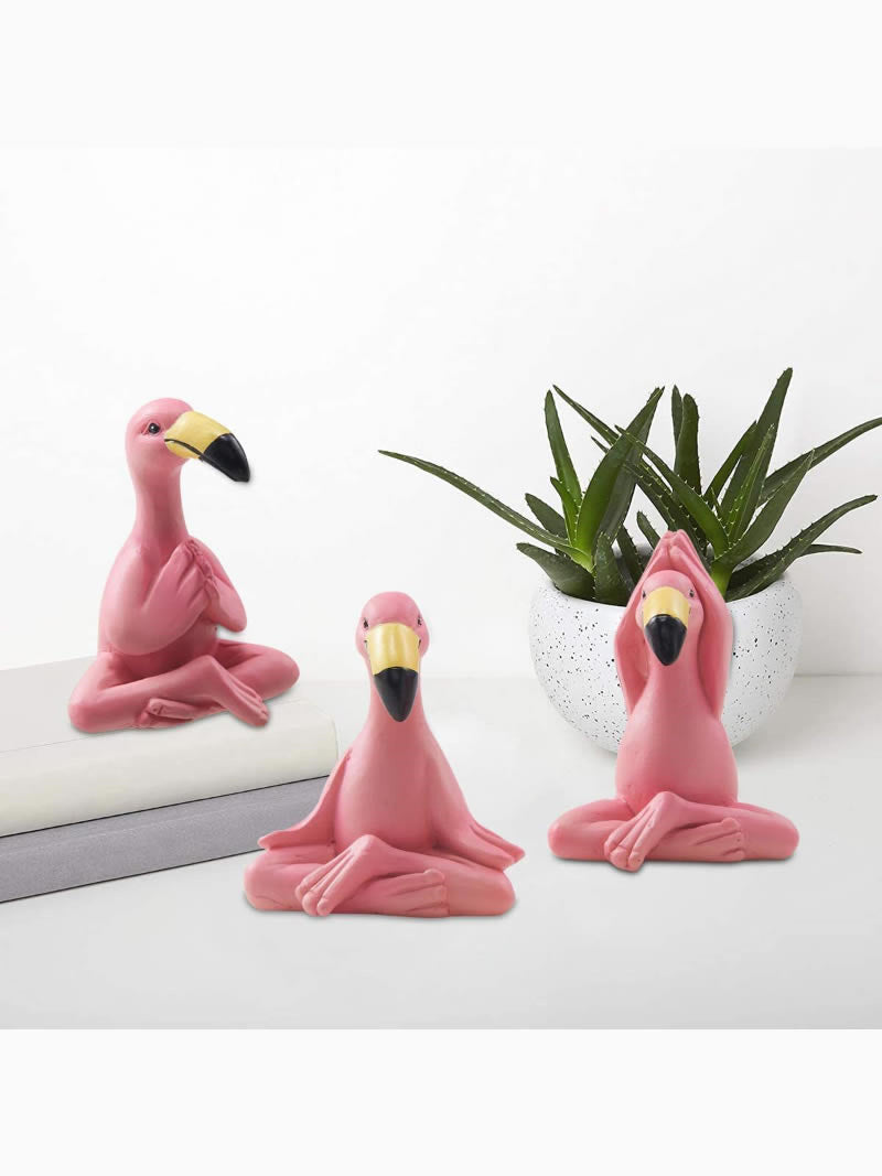 Pink flamingo practicing yoga desktop ornaments 3pc