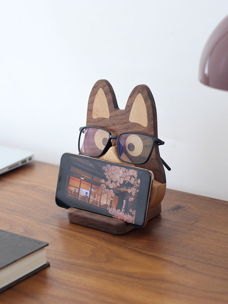 Playful Wooden Dog Phone & Glasses Stand: Quirky Desk Organizer