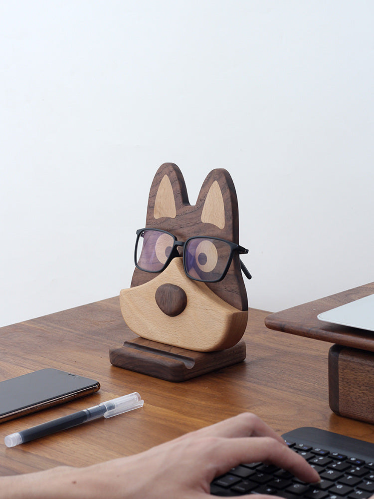 Playful Wooden Dog Phone & Glasses Stand: Quirky Desk Organizer