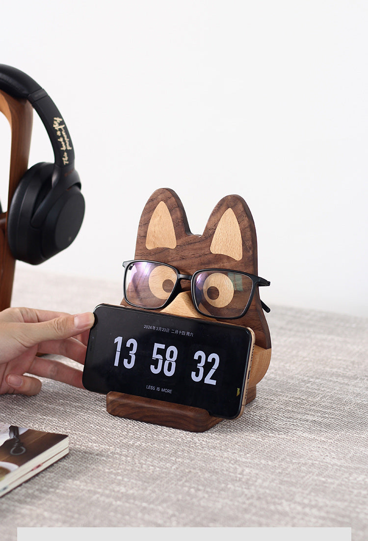 Playful Wooden Dog Phone & Glasses Stand: Quirky Desk Organizer