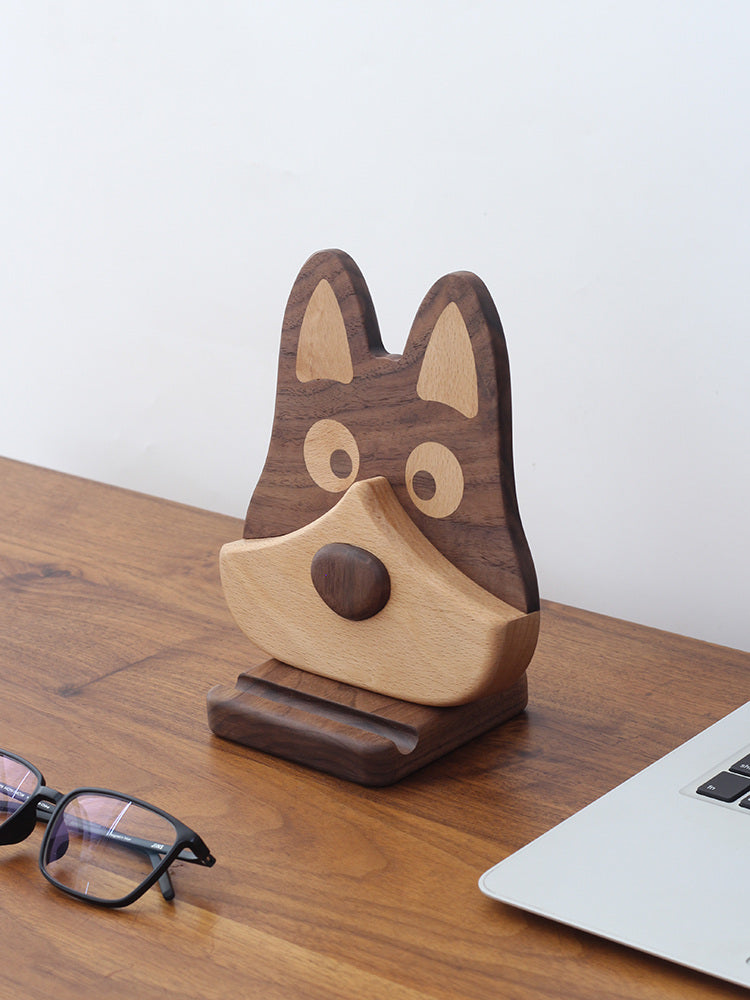 Playful Wooden Dog Phone & Glasses Stand: Quirky Desk Organizer