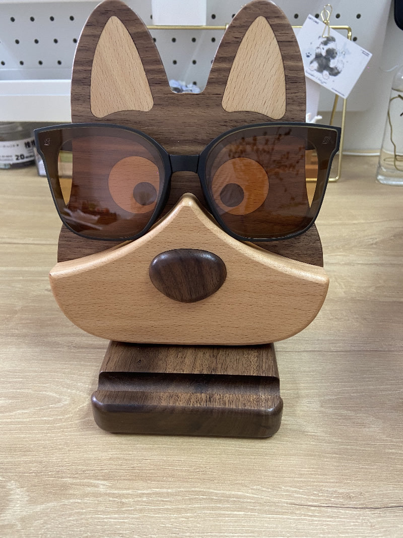 Playful Wooden Dog Phone & Glasses Stand: Quirky Desk Organizer