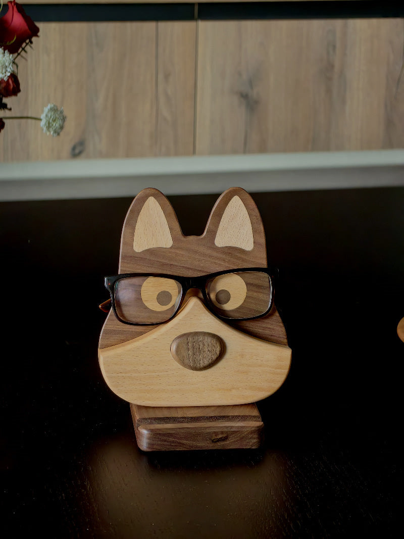 Playful Wooden Dog Phone & Glasses Stand: Quirky Desk Organizer