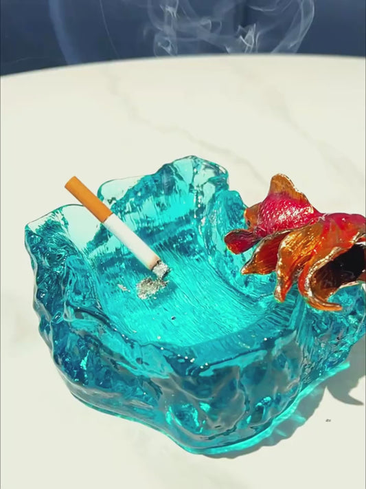 Luxurious Enamel Crystal Glass Goldfish Ashtray , High-End Art Design