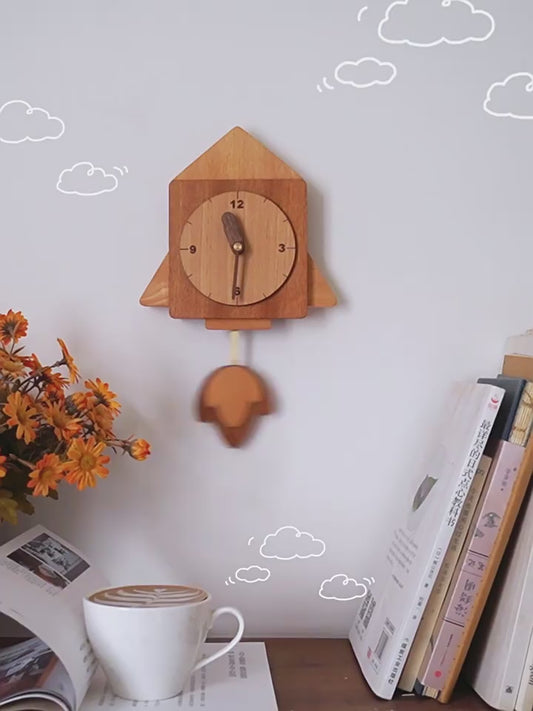 Wooden Rocket Silent Wall Clock:Kids House Decorating Creative Gift Ideas