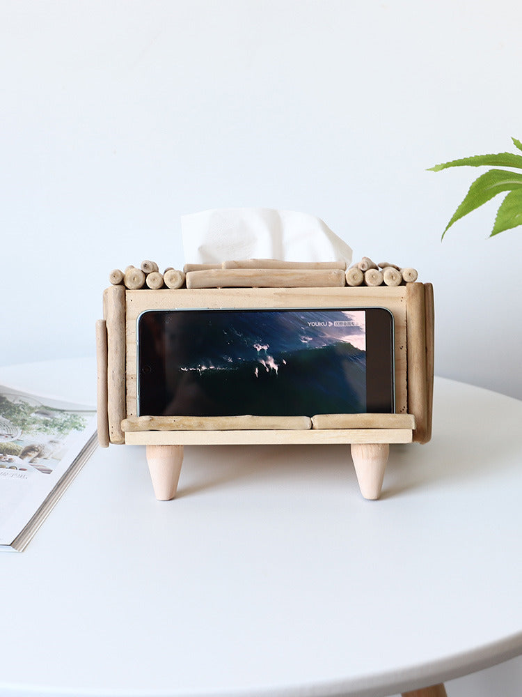 Retro Countryside Wooden Tissue Box with Phone Holder