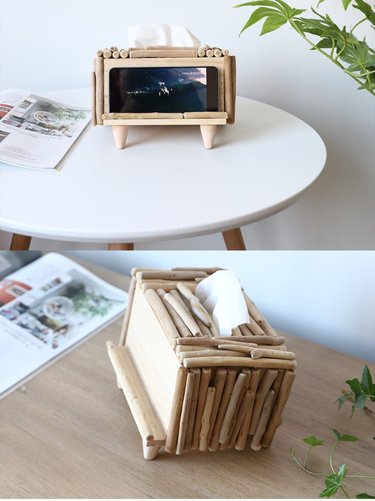 Retro Countryside Wooden Tissue Box with Phone Holder