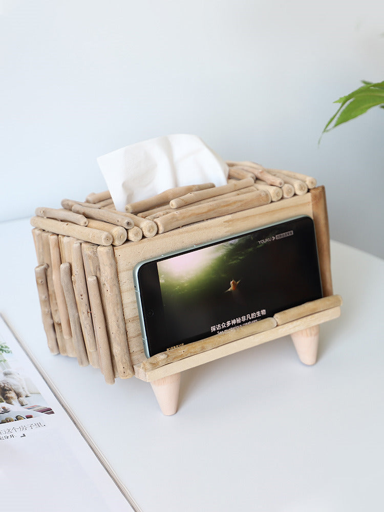 Retro Countryside Wooden Tissue Box with Phone Holder