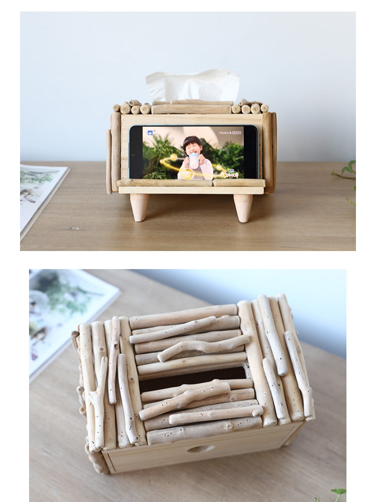 Retro Countryside Wooden Tissue Box with Phone Holder