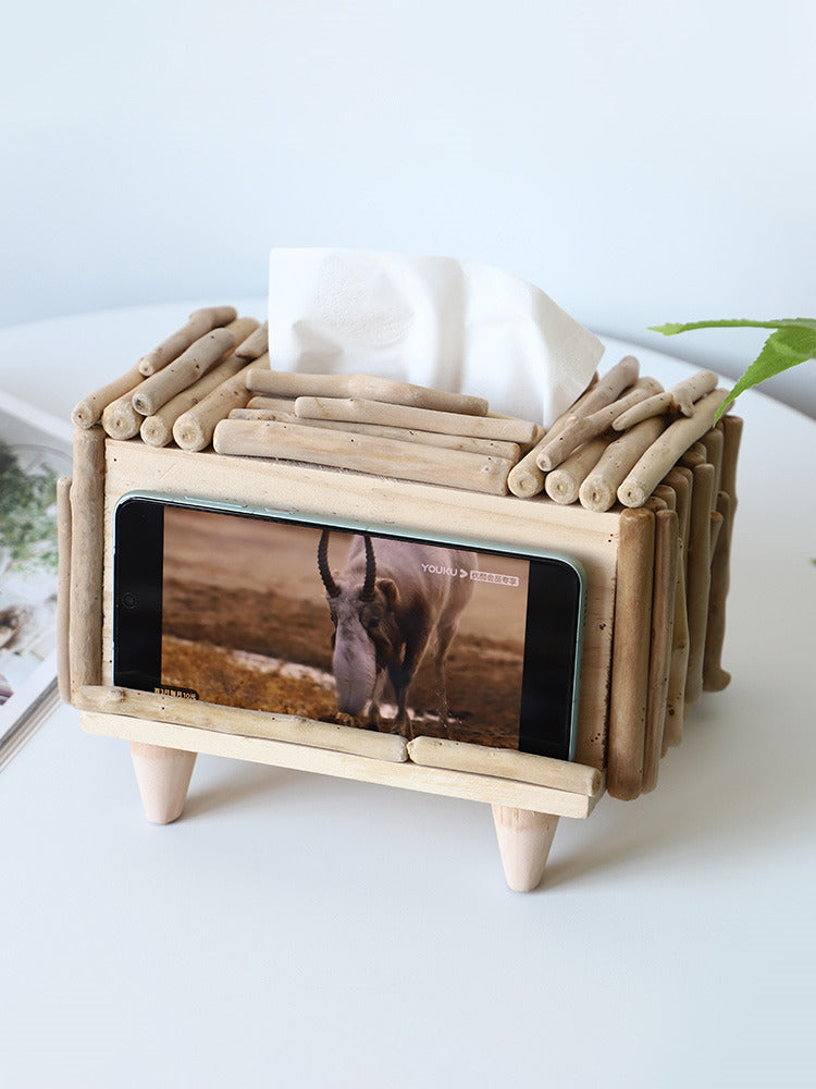 Retro Countryside Wooden Tissue Box with Phone Holder