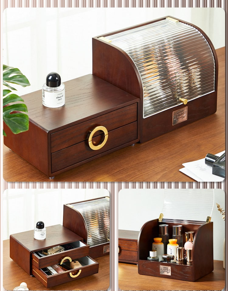 Retro Desktop Cosmetics Storage Box, Wooden Double-Layer Design With Drawer