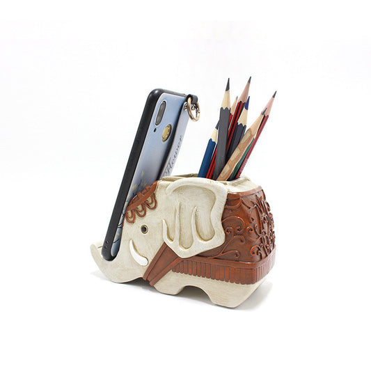 Retro Elephant Office Organizer Pen Holder, Mobile Phone Holder