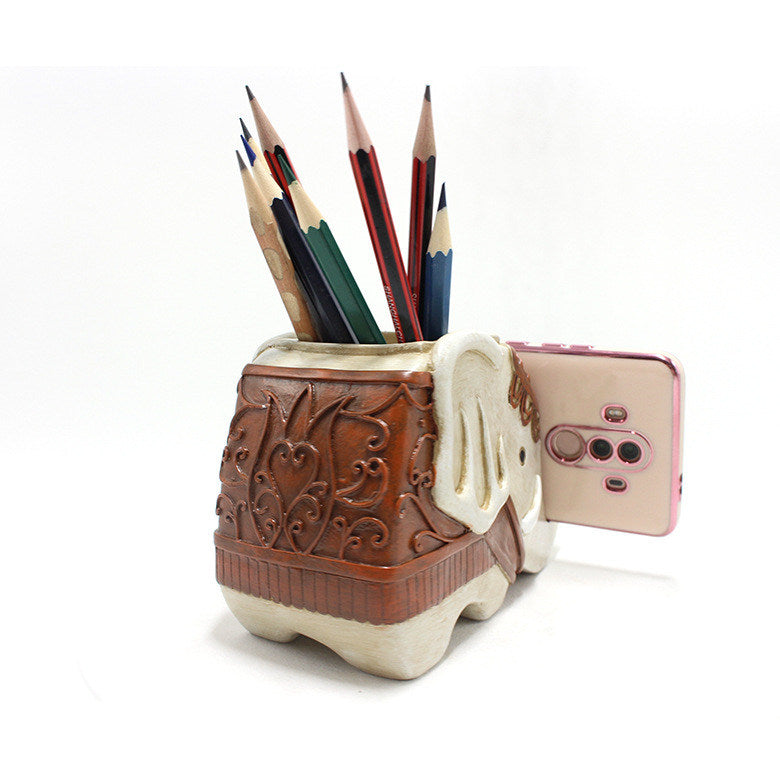 Retro Elephant Office Organizer Pen Holder, Mobile Phone Holder